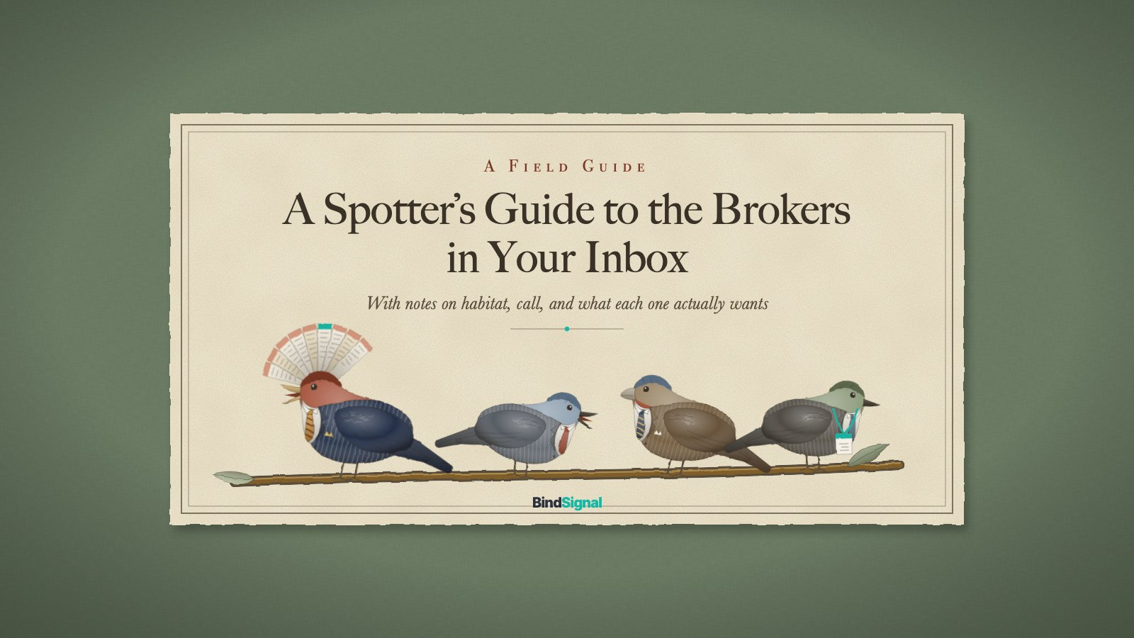 Field guide illustration: the cover of A Spotter's Guide to the Brokers in Your Inbox, four of the species in suits perched on one branch